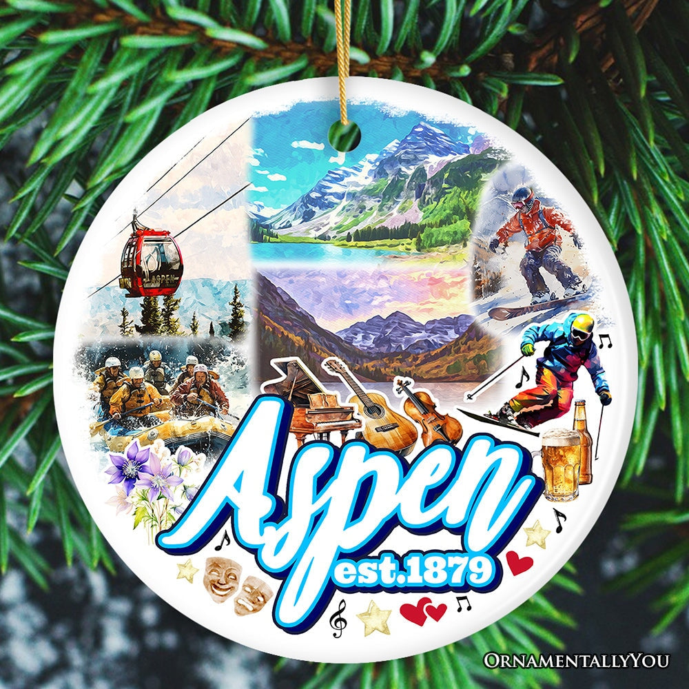Adventurous Aspen Colorado Ornament, Snow Mountains, Nature Traveler and Skiing Vacation Souvenir Ceramic Ornament OrnamentallyYou Circle 