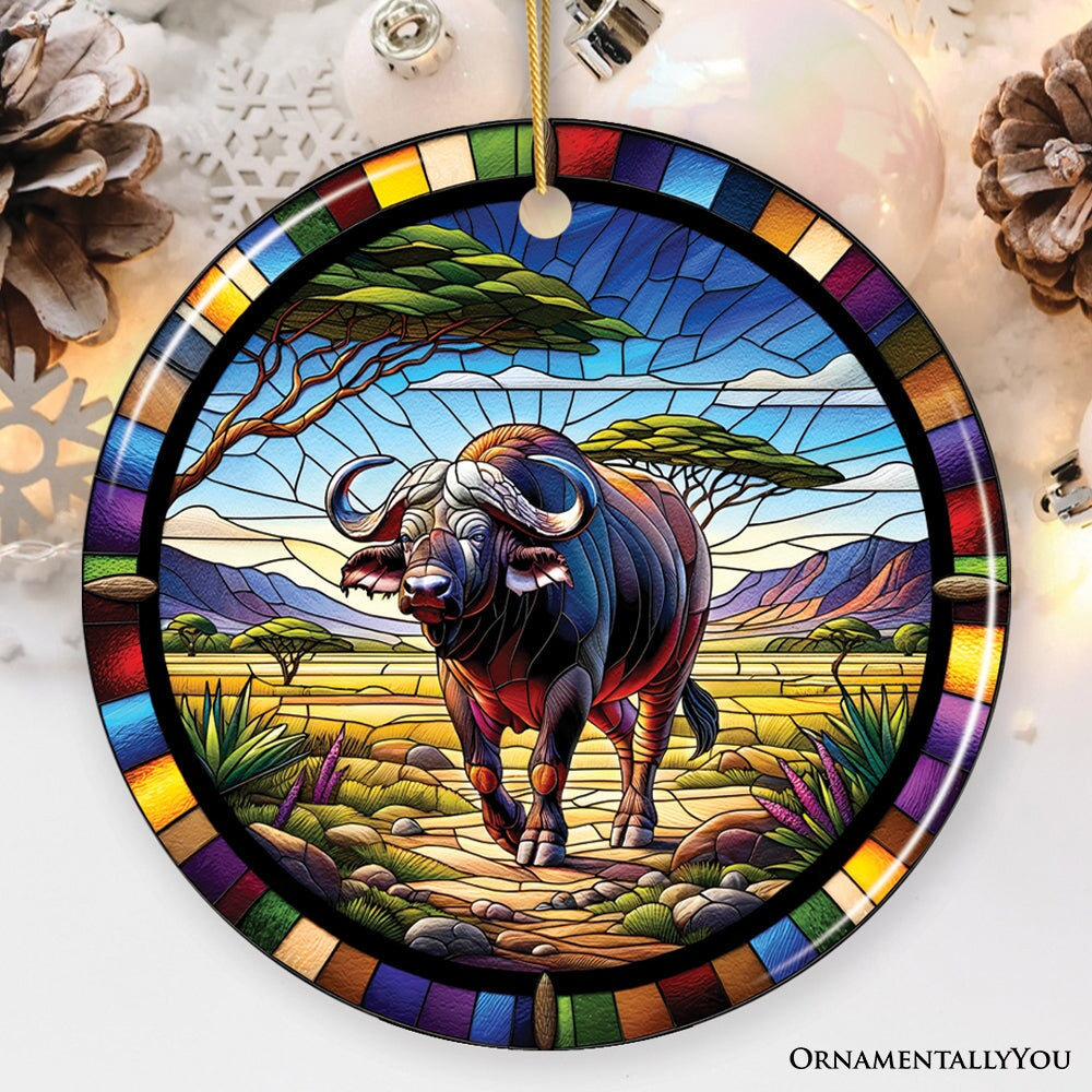 African Buffalo Wildlife Encounter Stained Glass Style Ceramic Ornament, Safari Animals Christmas Gift and Decor Ceramic Ornament OrnamentallyYou Circle 