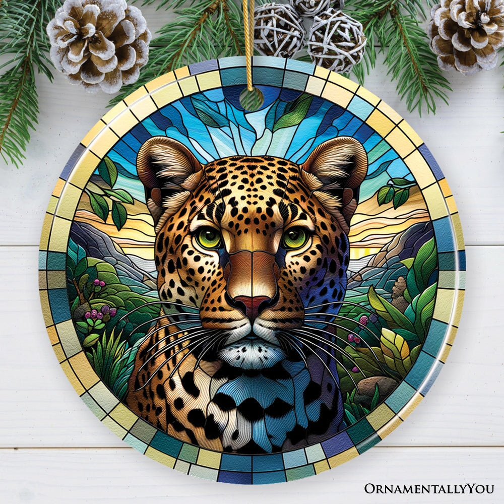 African Leopard Expedition Stained Glass Style Ceramic Ornament, Safari Animals Christmas Gift and Decor Ceramic Ornament OrnamentallyYou Circle Version 1 