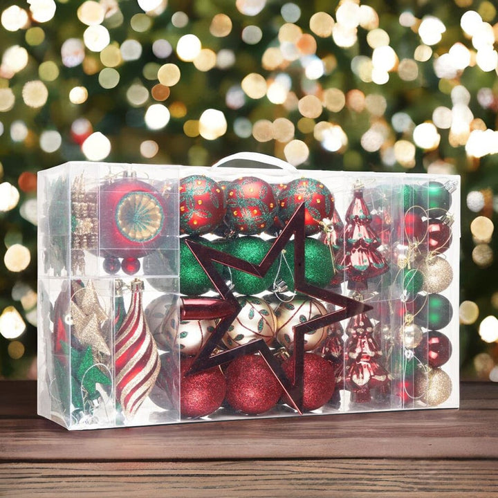 Alluring Large Christmas Ornament Set, Unique Red Green and Gold Baubles, 92 Charms and Snow Covered Trees with Dark Red Tree Topper Ornament Bundle OrnamentallyYou