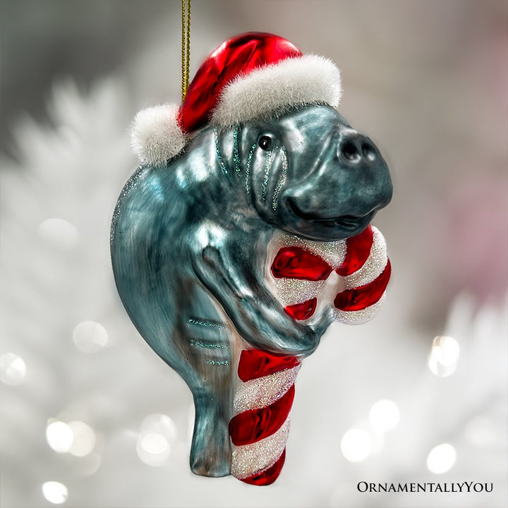 (Pre-Order) Aquatic Manatee Glass Christmas Ornament, Sea Cow Coastal Ocean Animal Holiday Decoration Glass Ornament OrnamentallyYou