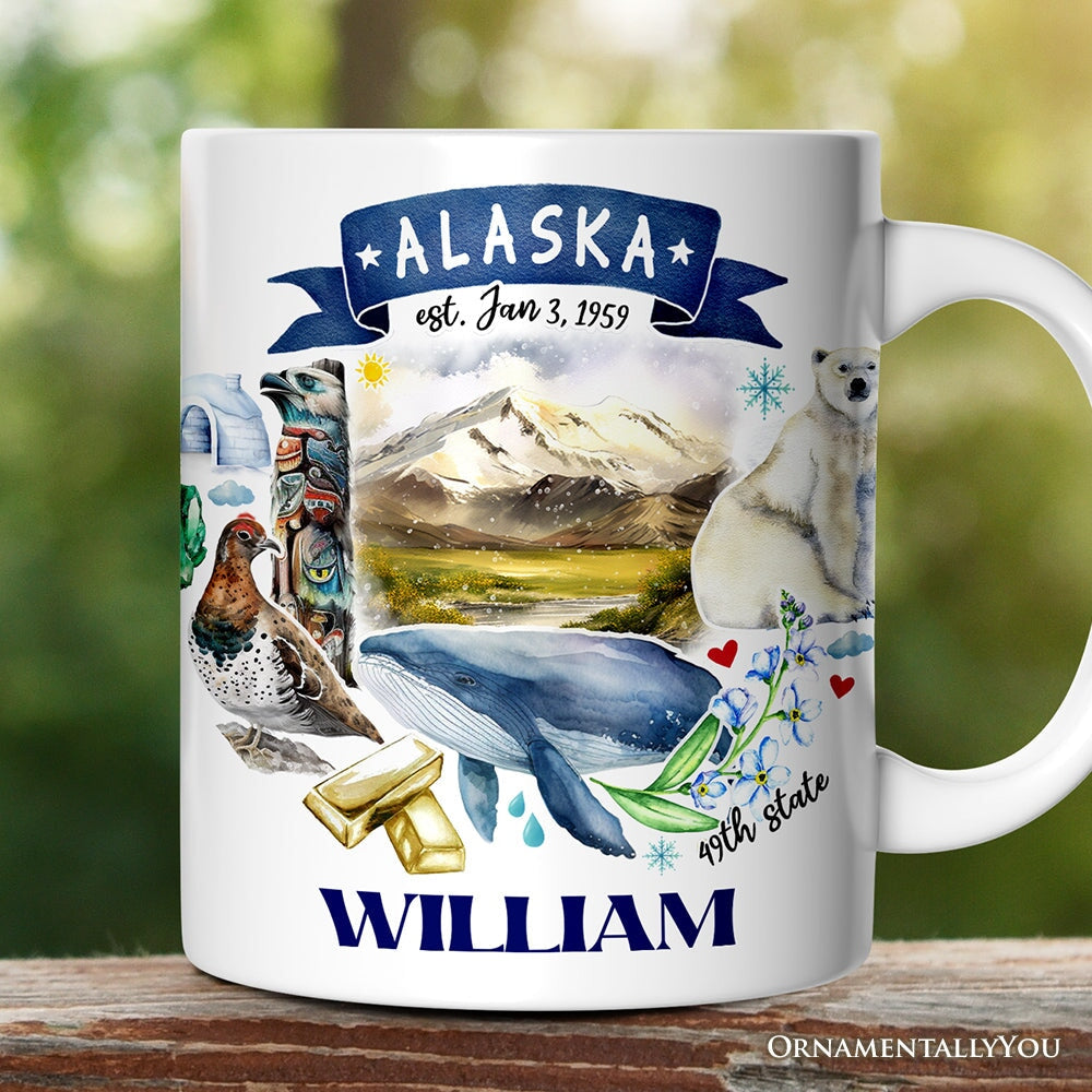 Artistic Alaska State Themes and Landmarks Personalized Mug With Custom Name Personalized Ceramic Mug OrnamentallyYou 12oz Mug Customized