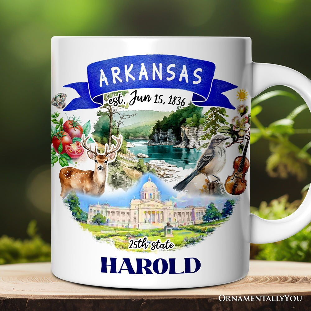 Artistic Arkansas State Themes and Landmarks Personalized Mug With Custom Name Personalized Ceramic Mug OrnamentallyYou 12oz Mug Customized