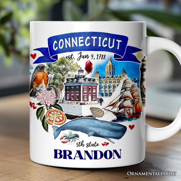 Artistic Connecticut State Themes and Landmarks Personalized Mug With Custom Name Personalized Ceramic Mug OrnamentallyYou 12oz Mug Customized