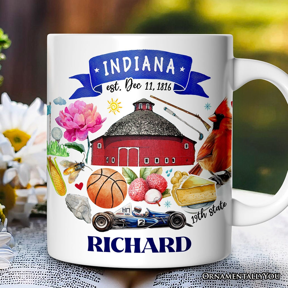 Artistic Indiana State Themes and Landmarks Personalized Mug With Custom Name Personalized Ceramic Mug OrnamentallyYou 12oz Mug Customized