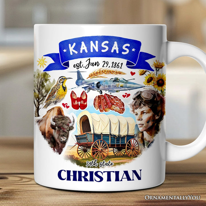 Artistic Kansas State Themes and Landmarks Personalized Mug With Custom Name Personalized Ceramic Mug OrnamentallyYou 12oz Mug Customized