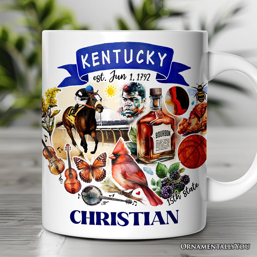 Artistic Kentucky State Themes and Landmarks Personalized Mug With Custom Name Personalized Ceramic Mug OrnamentallyYou 12oz Mug Customized