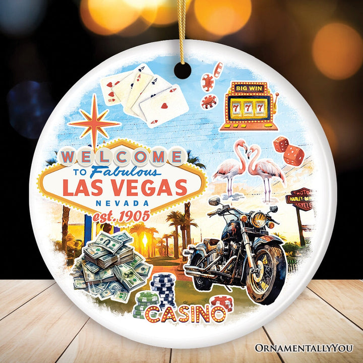 Artistic Las Vegas Collage Art Ceramic Ornament, Slot Machines Cards and Casino Travel Souvenir Ceramic Ornament OrnamentallyYou