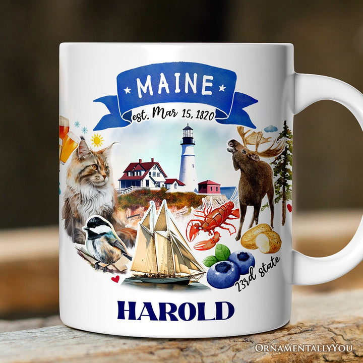 Artistic Maine State Themes and Landmarks Personalized Mug With Custom Name Personalized Ceramic Mug OrnamentallyYou 12oz Mug Customized