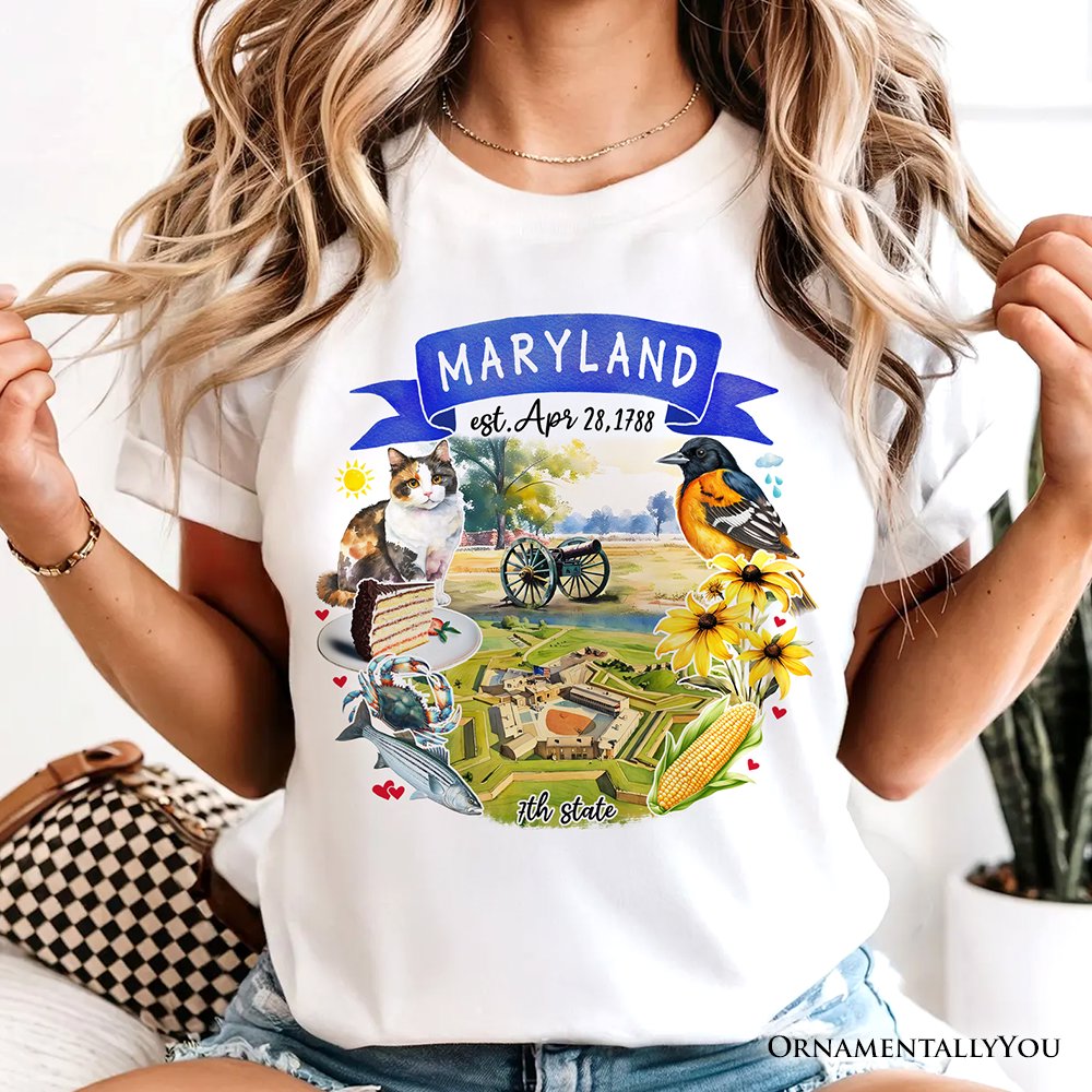OrnamentallyYou Artistic Maryland State Themes and Landmarks T-Shirt, Tee for History and Travel Lovers, Women's, Size: Medium, White, image size:1000x1000