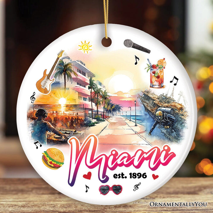 Artistic Miami Paradise Downtown Ornament, Unique and Cultural Florida Vacation Souvenir Ceramic Ornament OrnamentallyYou Circle