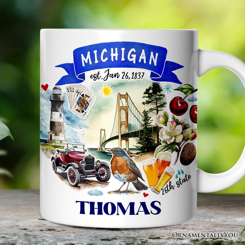 Artistic Michigan State Themes and Landmarks Personalized Mug With Custom Name Personalized Ceramic Mug OrnamentallyYou 12oz Mug Customized