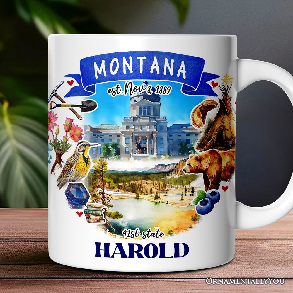 Artistic Montana State Themes and Landmarks Personalized Mug With Custom Name Personalized Ceramic Mug OrnamentallyYou 12oz Mug Customized
