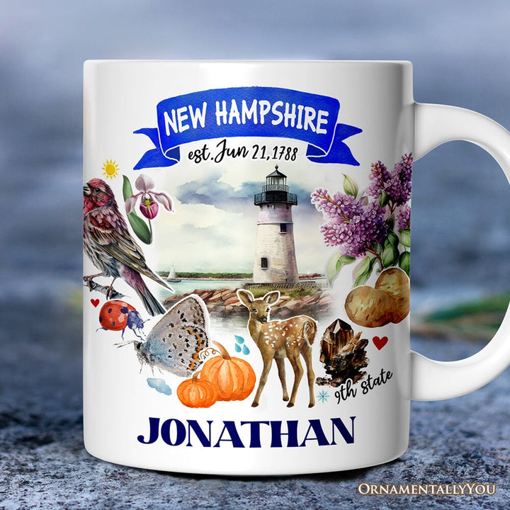 Artistic New Hampshire State Themes and Landmarks Personalized Mug With Custom Name Personalized Ceramic Mug OrnamentallyYou 12oz Mug Customized