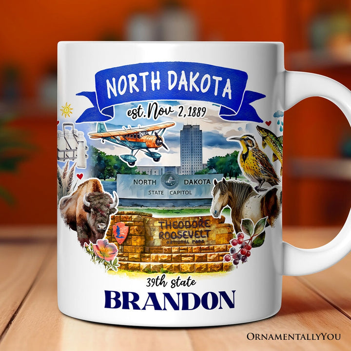 Artistic North Dakota State Themes and Landmarks Personalized Mug With Custom Name Personalized Ceramic Mug OrnamentallyYou 12oz Mug Customized