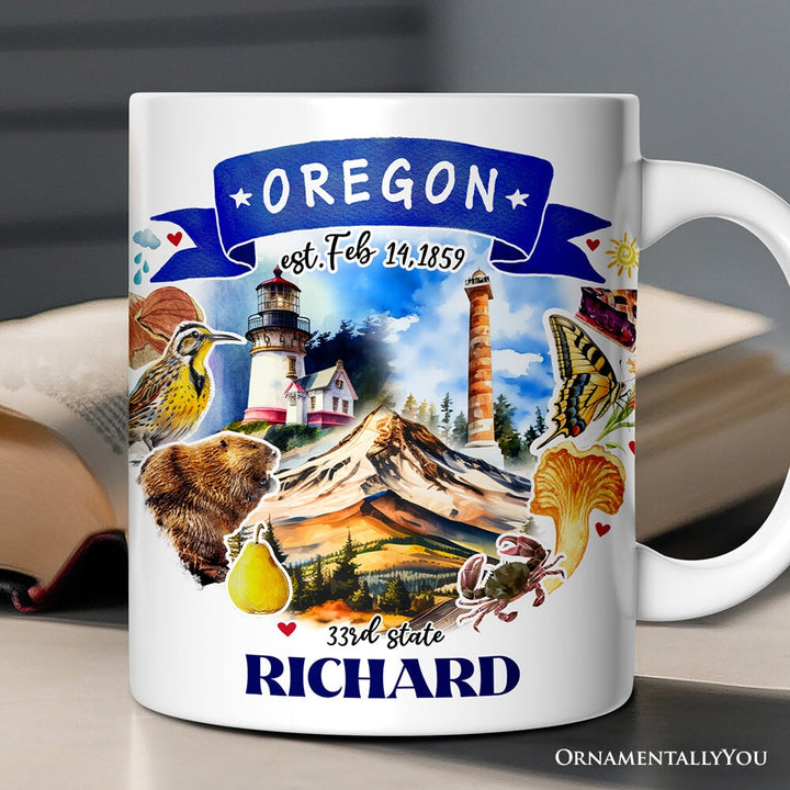 Artistic Oregon State Themes and Landmarks Personalized Mug With Custom Name Personalized Ceramic Mug OrnamentallyYou 12oz Mug Customized