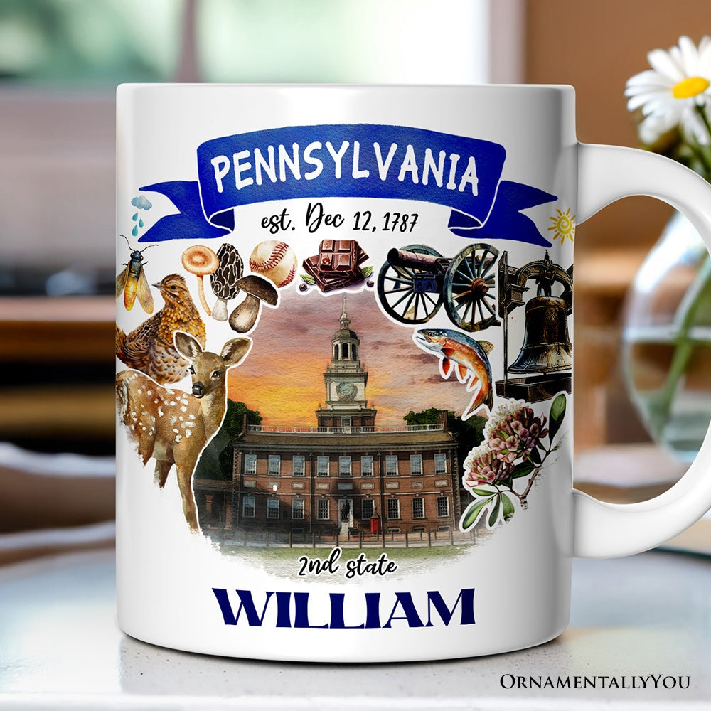 Artistic Pennsylvania State Themes and Landmarks Personalized Mug With Custom Name Personalized Ceramic Mug OrnamentallyYou 12oz Mug Customized