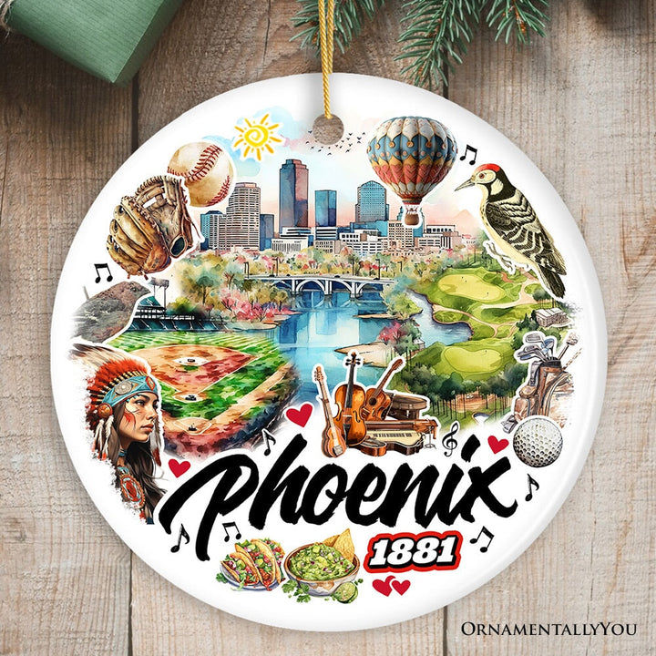 Artistic Phoenix City Handcrafted Ceramic Ornament, Arizona State Souvenir and Tree Decor Ceramic Ornament OrnamentallyYou Circle