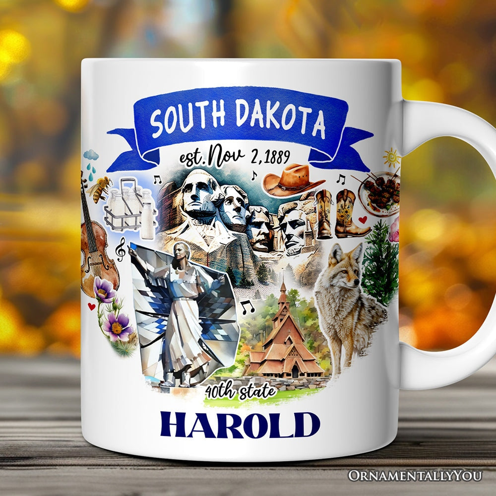 Artistic South Dakota State Themes and Landmarks Personalized Mug With Custom Name Personalized Ceramic Mug OrnamentallyYou 12oz Mug Customized