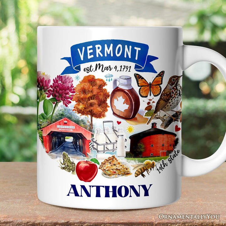 Artistic Vermont State Themes and Landmarks Personalized Mug With Custom Name Personalized Ceramic Mug OrnamentallyYou 12oz Mug Customized