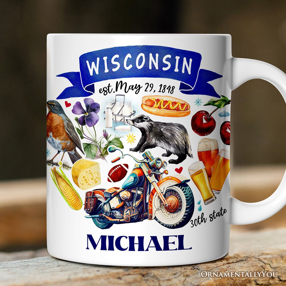 Artistic Wisconsin State Themes and Landmarks Personalized Mug With Custom Name Personalized Ceramic Mug OrnamentallyYou 12oz Mug Customized