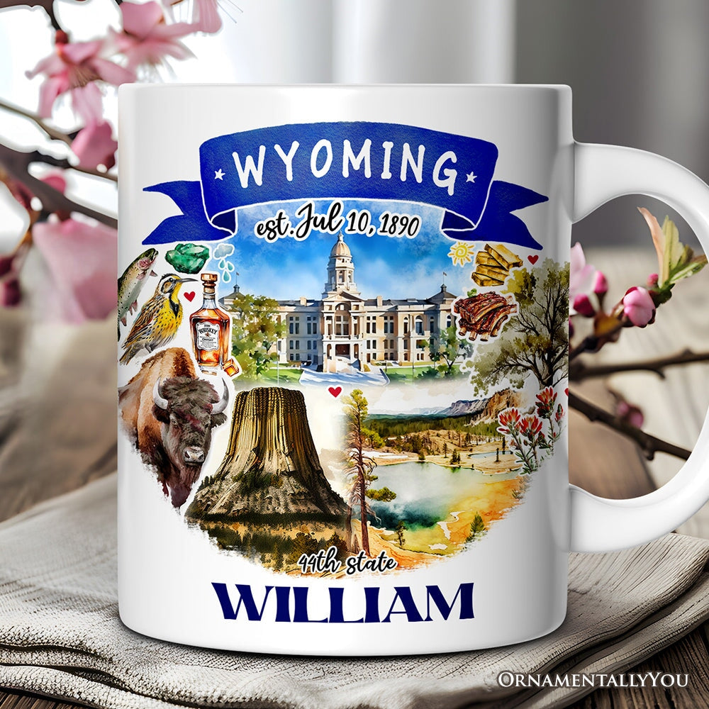 Artistic Wyoming State Themes and Landmarks Personalized Mug With Custom Name Personalized Ceramic Mug OrnamentallyYou 12oz Mug Customized