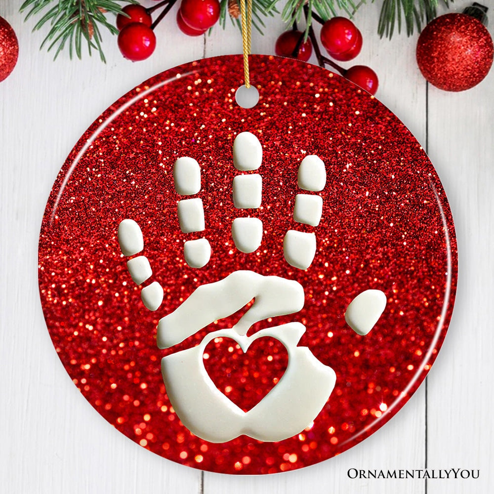 Baby Handprint in Red Glitter Themed Ornament| OrnamentallyYou