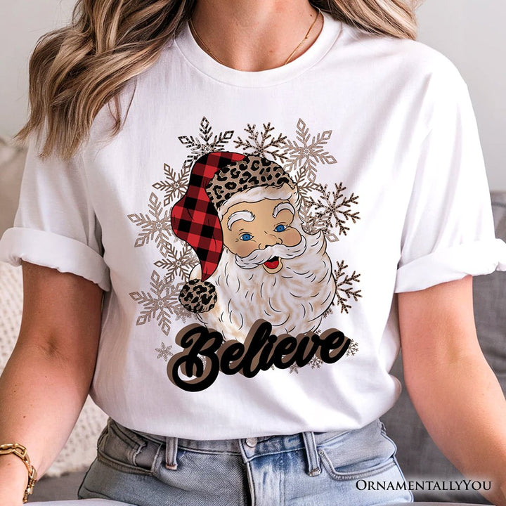 Believe Santa Buffalo Plaid T‑Shirt, Retro Christmas Tee T-Shirts OrnamentallyYou