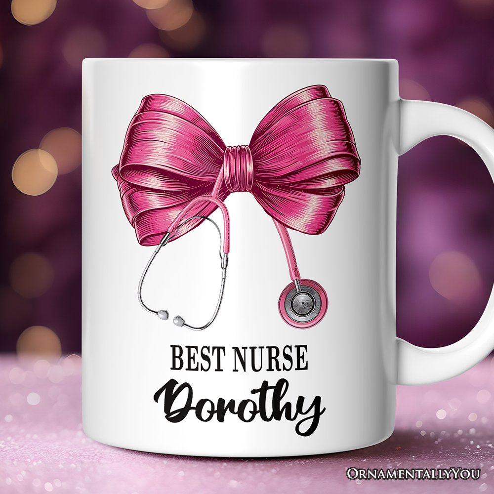 Best Nurse Coquette Pink Bow Personalized Mug, Pink Stethoscope, Gift for Nurse With Custom Name Personalized Ceramic Mug OrnamentallyYou 12oz Mug Customized