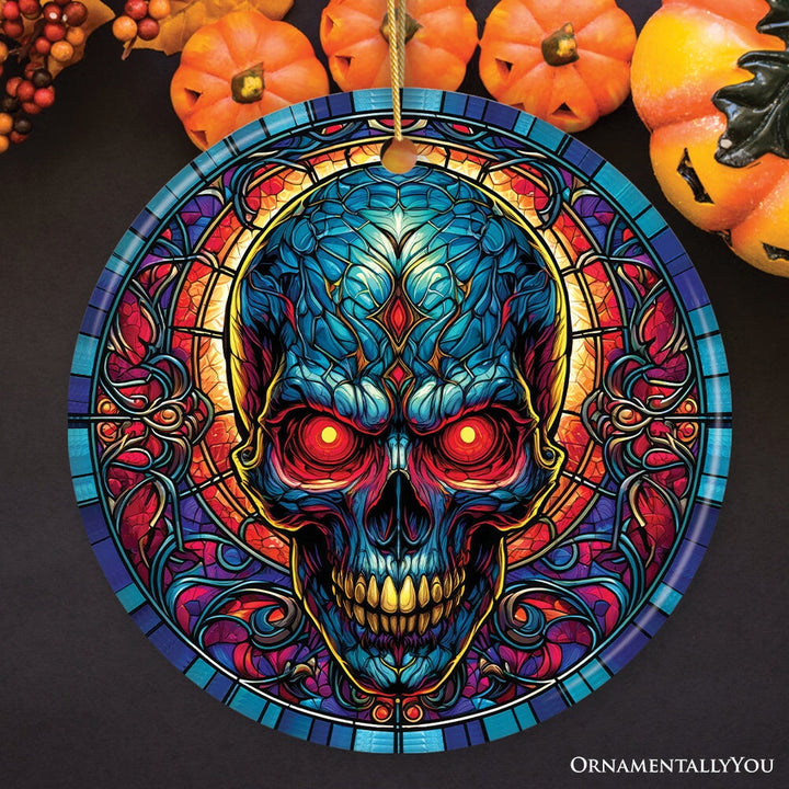 Bone-Chilling Spooky Skull Stained Glass Style Ceramic Ornament, Halloween Themed Christmas Gift and Decor Ceramic Ornament OrnamentallyYou Circle