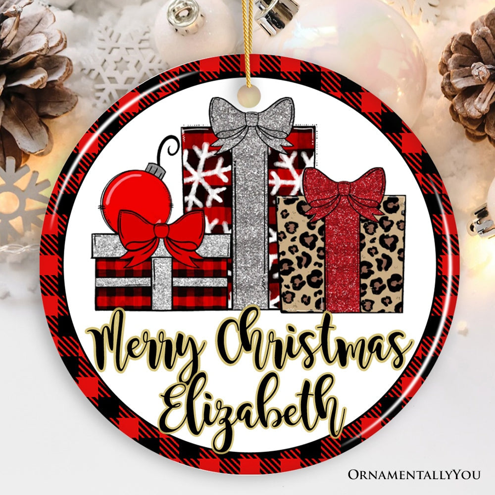 Buffalo Plaid Personalized Name Christmas Ornament, Family Gift Ceramic Ornament OrnamentallyYou Circle
