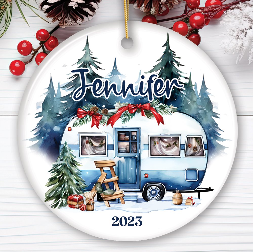 Camping Personalized Ornament, Enchanted Frost Winter Christmas Gift With Custom Name and Date Ceramic Ornament OrnamentallyYou Circle 