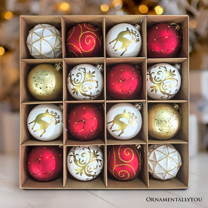 Charming Elegance Ornament Bundle 16 Piece Set, Red White and Gold with Glitter Premium Shatterproof Ornament Bundle OrnamentallyYou