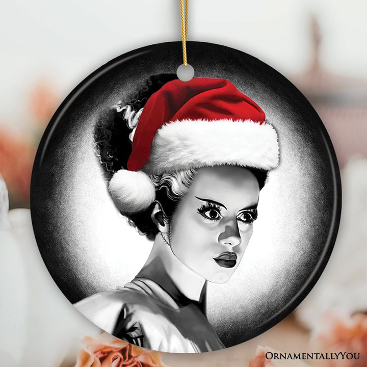 Chilling Bride of Frankenstein Santa Ornament, Gothic Themed Halloween Christmas Gift and Decor Ceramic Ornament OrnamentallyYou Circle