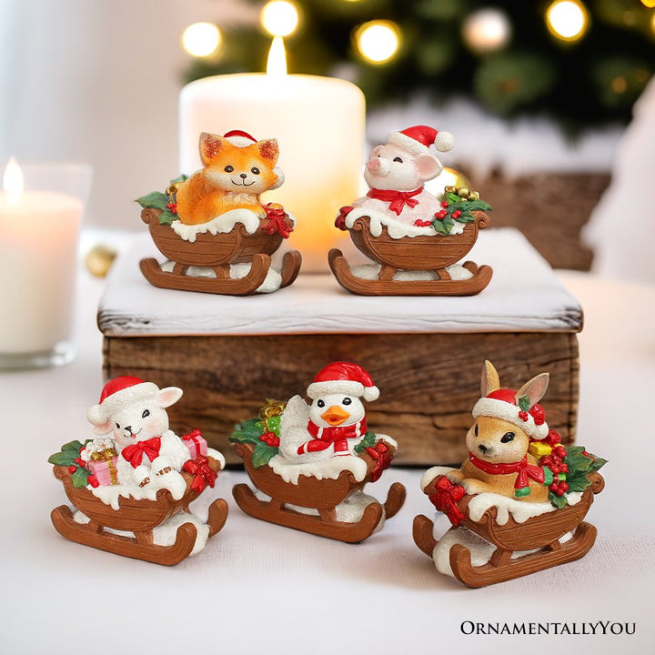 (Pre-Order) Christmas Critters Animals on Sleighs Set of Five Figurines, 5" Tabletop Holiday Animal Decor with Bunny, Piglet, Duckling, Lamb, and Fox Resin Statues OrnamentallyYou
