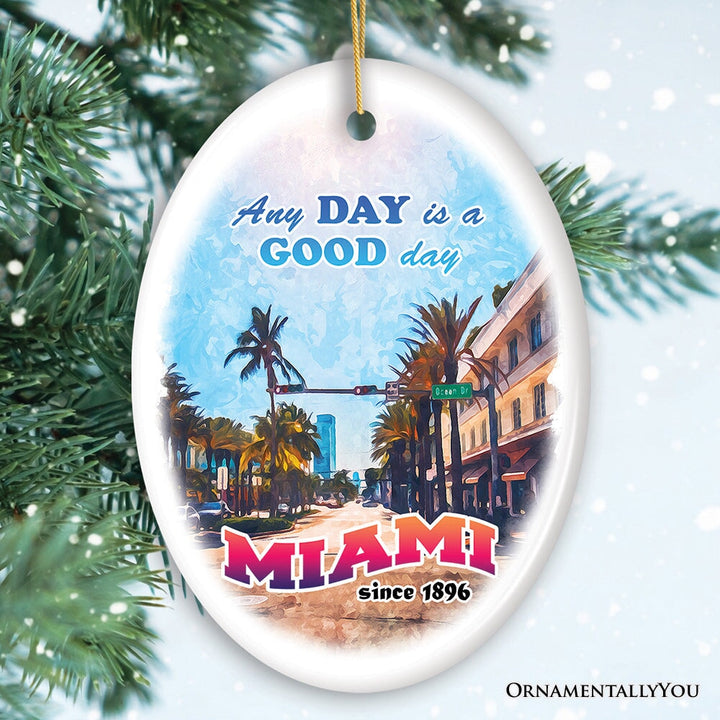 Classic Miami Living Stroll Through Paradise Ornament, Scenic Ocean Drive Artwork Souvenir Ceramic Ornament OrnamentallyYou Oval