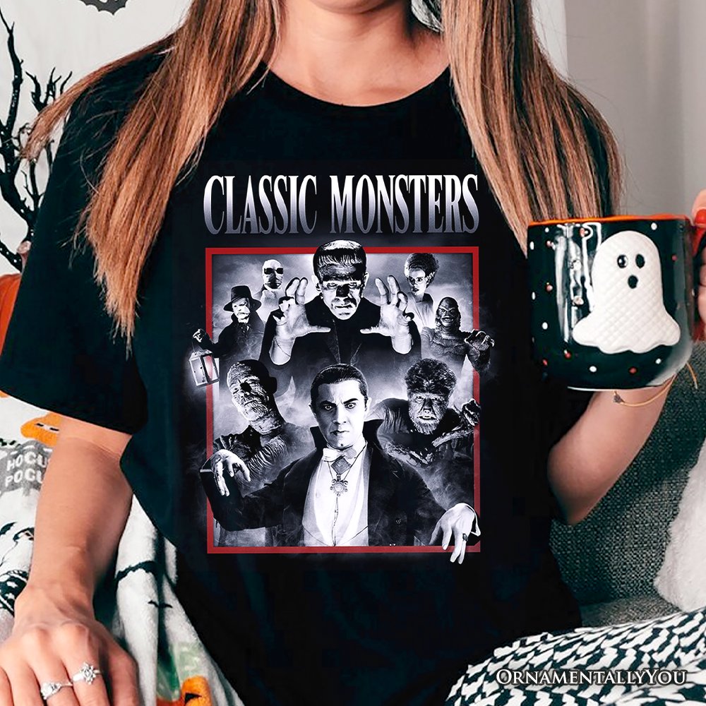 classic monsters shirt Classic Monsters Black and White T-Shirt, Retro Vintage Horror Tee Black M