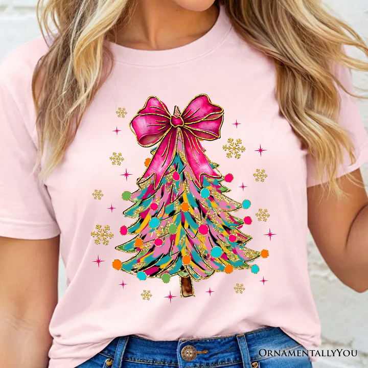 Colorful Glitter Christmas Tree Pink Bow T-Shirt, Pink Bow Coquette Holiday Tee