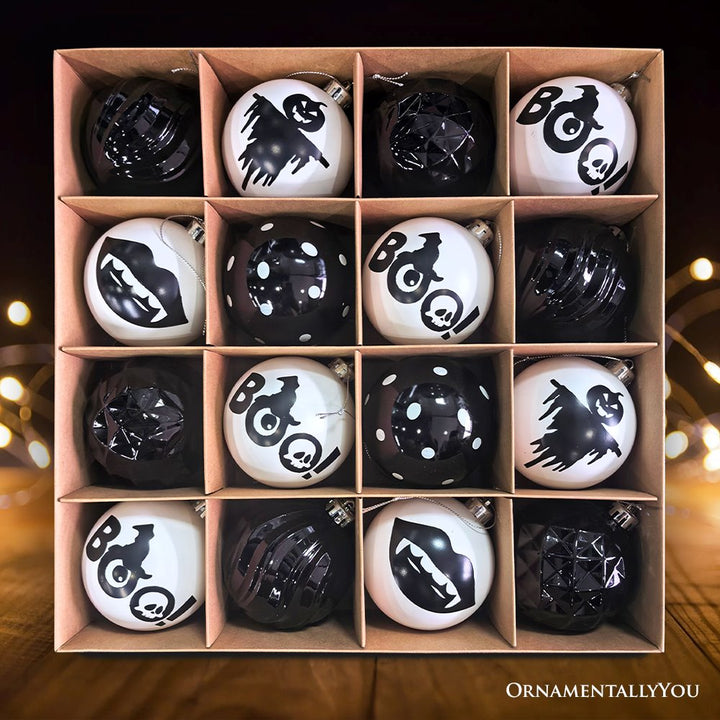 Creepy Boo Assorted 16 Piece Black and White Ornament Bundle, Monochrome 3" Halloween Bauble Set Ornament Bundle OrnamentallyYou