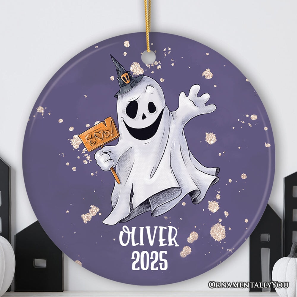 Customized Spooky Ghost Phantom Playful Halloween Ornament Ceramic Ornament OrnamentallyYou Circle