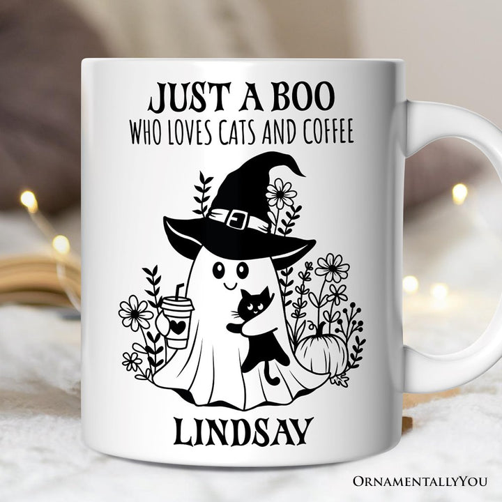 Cute Ghost with Black Cat Personalized Mug, Cat and Coffee Lover Halloween Gift Personalized Ceramic Mug OrnamentallyYou 12oz Mug Customized