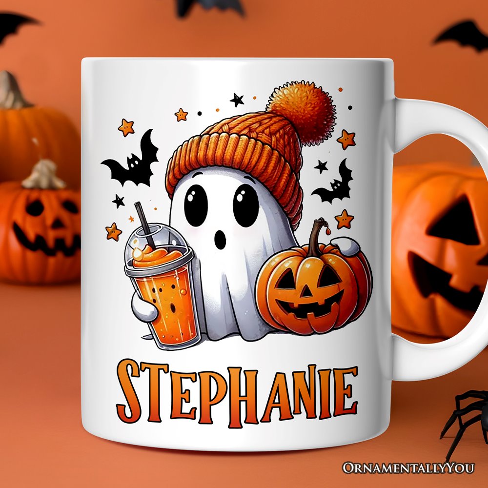 Cute Ghost with Coffee Drink, Personalized Halloween Mug, Fun Boujee Gift with Custom Name Personalized Ceramic Mug OrnamentallyYou 12oz Mug Customized