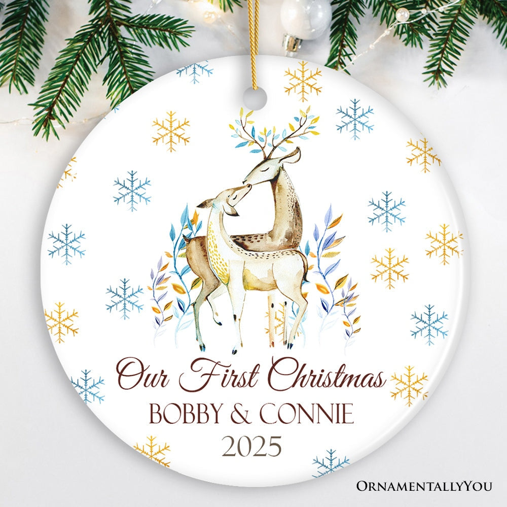 Deer Couple Our First Christmas Ornament Ceramic Ornament OrnamentallyYou Circle