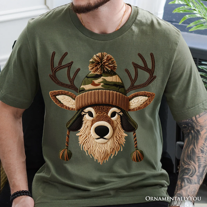 Deer Head Camo Hat Christmas T-Shirt, Imitation Latch Hook Yarn Cozy Hunting Season Tee