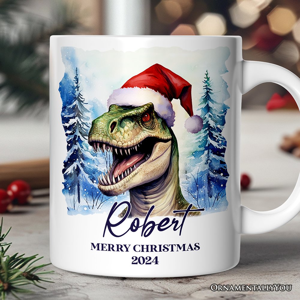 Dinosaur with Santa Hat Personalized Mug, Winter Forest Christmas Gift With Custom Name and Date Personalized Ceramic Mug OrnamentallyYou 12oz Mug Customized