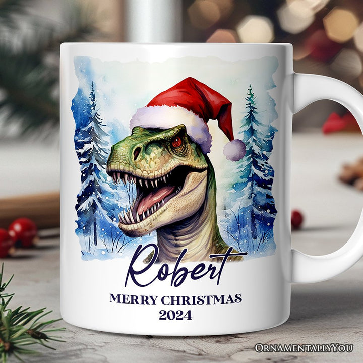 Dinosaur with Santa Hat Personalized Mug, Winter Forest Christmas Gift With Custom Name and Date Personalized Ceramic Mug OrnamentallyYou 12oz Mug Customized