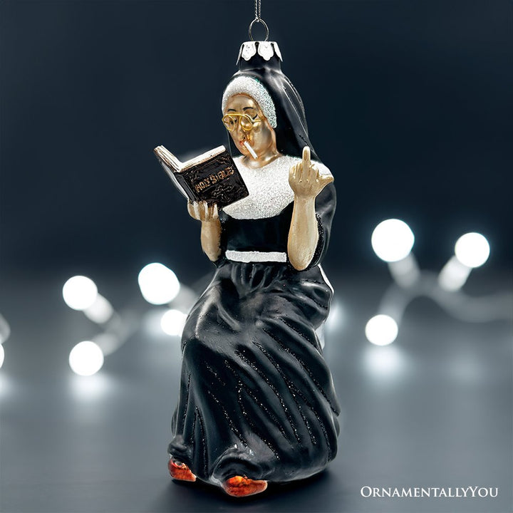 (Pre-Order) Eccentric Gothic Smoking Nun on Knees Glass Ornament, Unique Halloween and Emo Home Decor Glass Ornament OrnamentallyYou