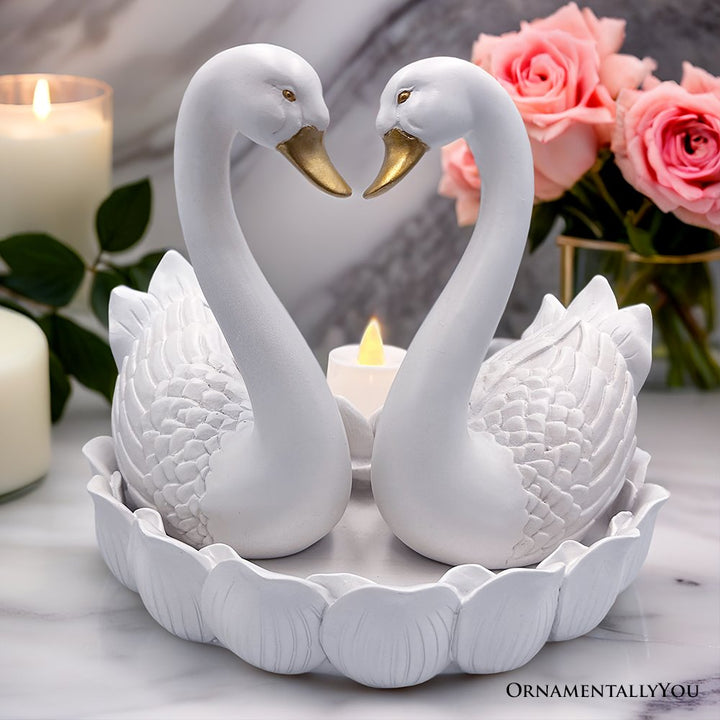 Elegance in Union Swan Figurine and Tealight Candle, 7" Romantic Couples Gift for Valentine or Anniversary Resin Statues OrnamentallyYou
