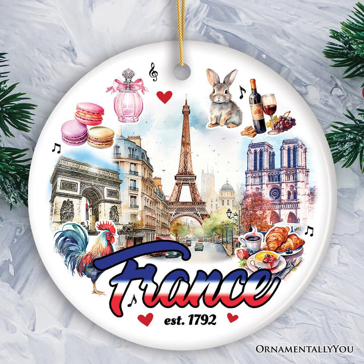 Elegant Art Compilation of French Landmarks Ornament, France Souvenir Gift Ceramic Ornament OrnamentallyYou Circle