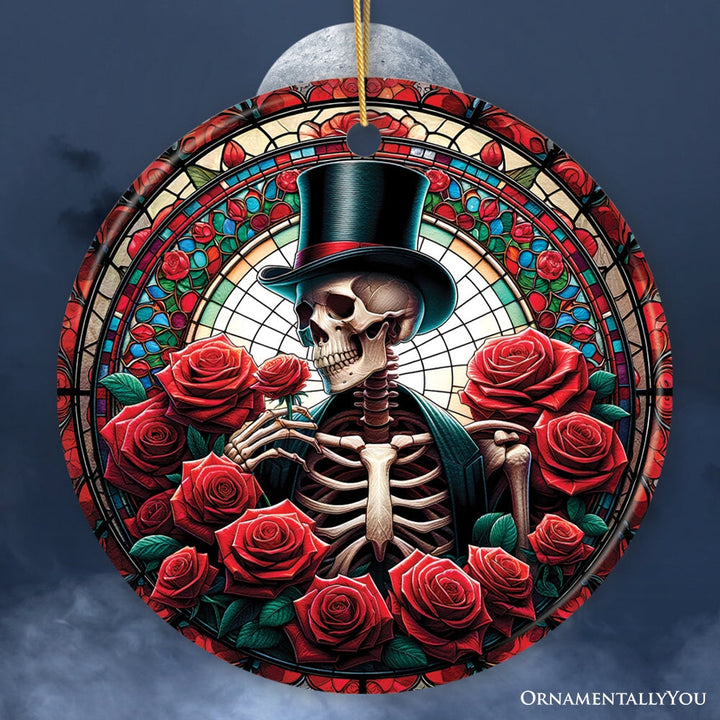 Elegant Bones Top-Hat Skeleton with Roses Stained Glass Style Ceramic Ornament, Halloween Themed Christmas Gift and Decor Ceramic Ornament OrnamentallyYou Circle